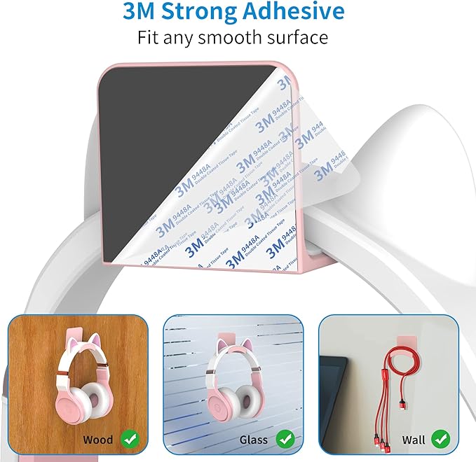 SOKUSIN Headphone Stand Headset Holder - Adhesive Gaming Earphones Hanger, Universal Desk Wall Mount Hook for All Headphone/Controller, Compatible with Beats, AirPods Max,Sony, JBL (Pink-2Pack)