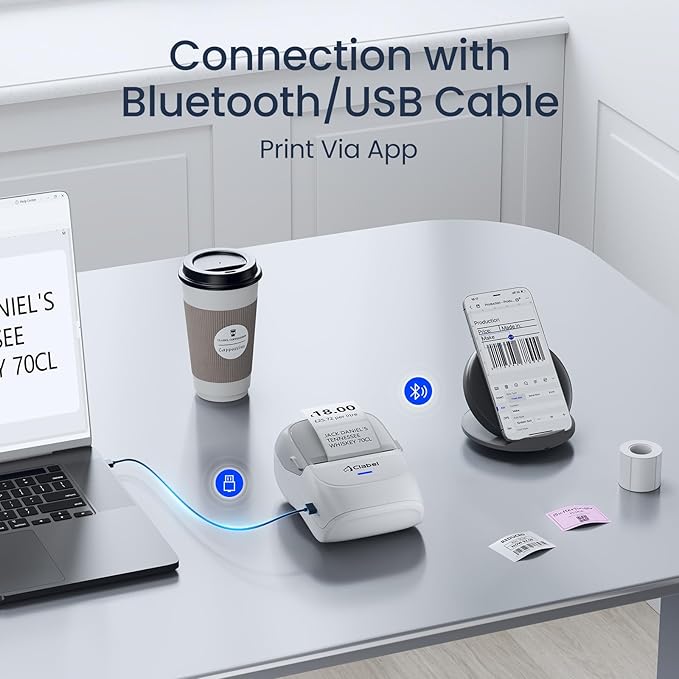 CLABEL Thermal Label Maker Machine: 221B Bluetooth Label Maker Mini Sticker Printer Barcode Printer Inkless Label Maker Compatible with Clothing Price Labeling with 1 Roll of 50x30mm Label(Gray White)