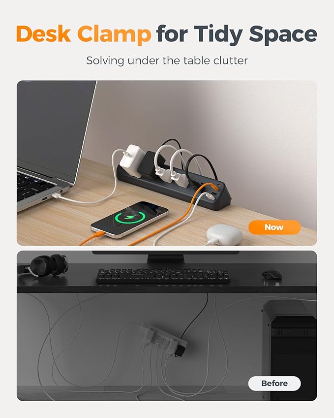 Desk Clamp Power Strip Black, TESSAN 6 Ft Flat Plug Extension Cord with Multiple Outlets, 5 Outlets with 4 USB (2 USB C), 2100J Surge Protector Power Strip, Office Home Dorm Gaming Room Essentials