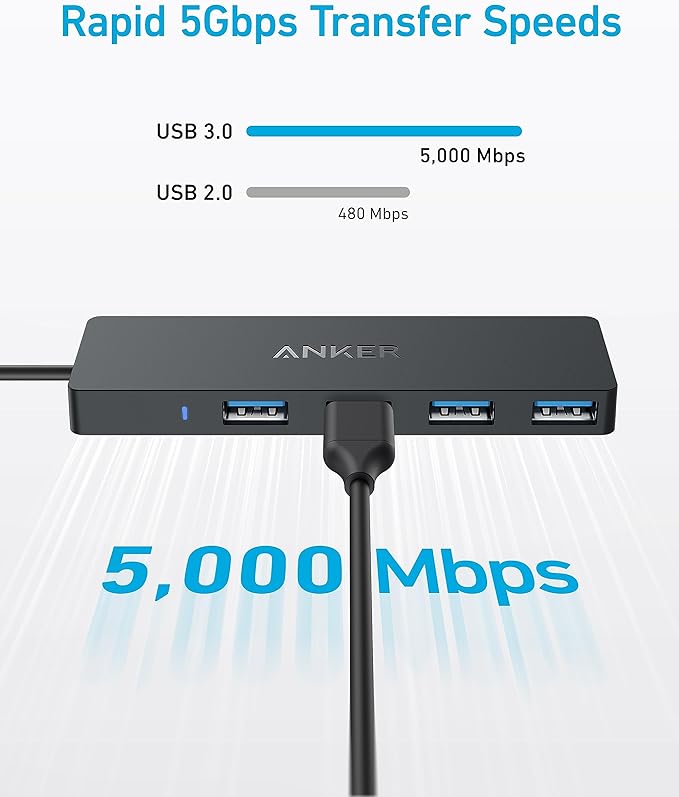 Anker 4-Port USB 3.0 Hub with 5Gbps Data Transfer, Ultra-Slim Data USB C Hub [Charging Not Supported], for MacBook, iMac, Surface, Mobile HDD, and More (USB-C, 0.7 ft)