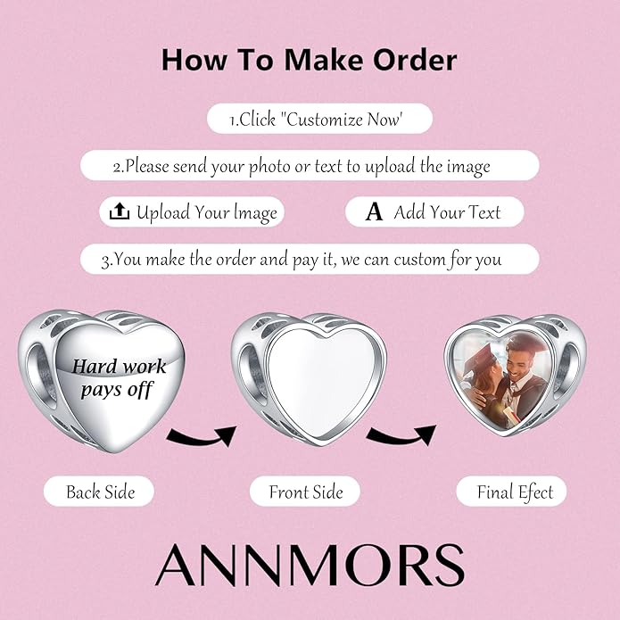 Annmors Personalized Photo Charms For Bracelets/Necklace 925 Sterling Silver Love Heart Shaped Engraved Customize Picture Gift for Birthday Mother's Day,Bead Charms Jewelry for Women