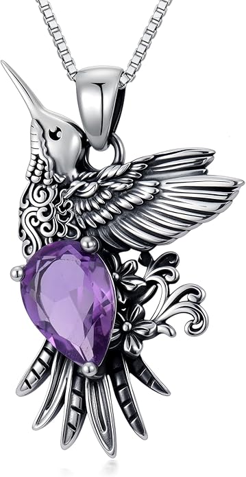 RMREWY Genuine Amethyst Hummingbird Pendant Necklace,925 Sterling Silver Native American Vintage Boho Western Pendant Real Gemstone Jewelry Birthdays Gift for Women Bird Lover