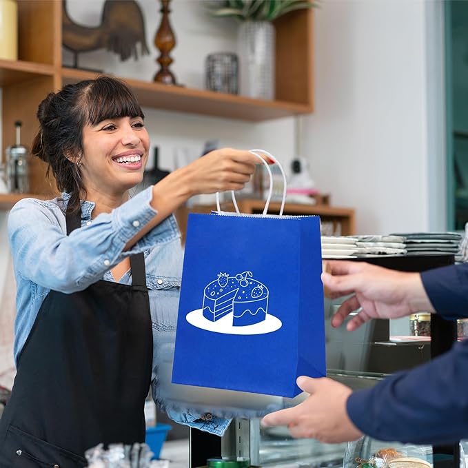 OUTUXED 35pcs Blue Gift Bags, Kraft Paper Bags with Handles, 7.1x3.6x9.3in Medium Size Blue Paper Bags for Retail, Gift Wrapping, and Shopping
