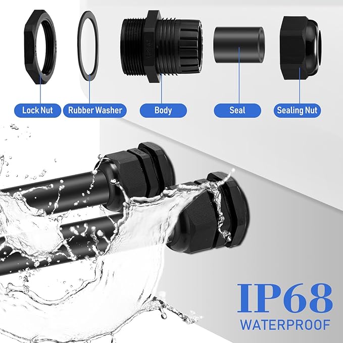 Duraaamo 100pcs Nylon Cable Gland Kit 3-25 mm Cable Gland Connectors NPT Waterproof Strain Relief Cord Connector Black Plastic Cord Grip Weatherproof Cable Pass Through PG7 PG9 PG13.5 PG21 PG29