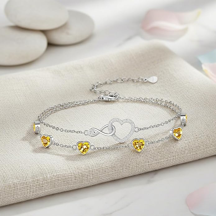 Prismata Infinity Birthstone Charm Link Bracelet 925 Sterling Silver Adjustable 12 Months Birthstone Infinity Bracelet Birthday Jewelry Gifts for Women Mom Her,with 7"+2" chain