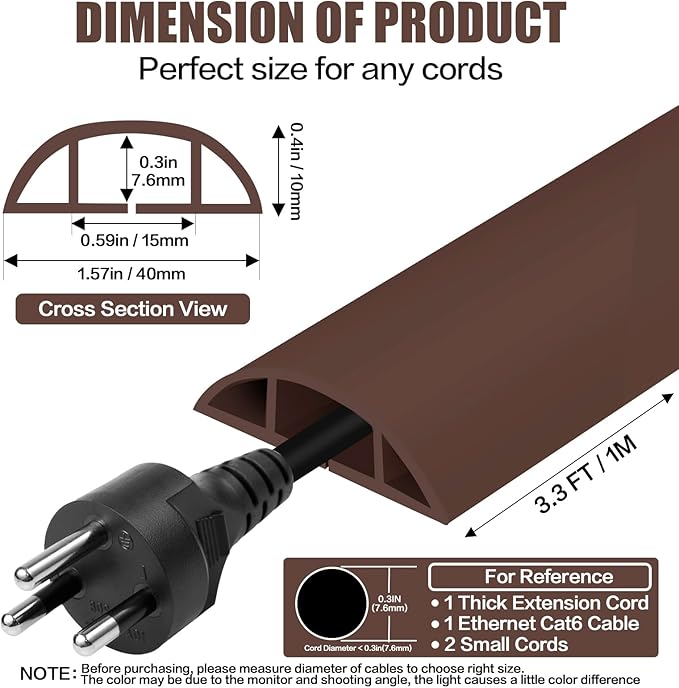 Floor Cord Cover Self Adhesive Cord Hider,3.3FT Cable Management, Extension Strip Protector for Wires, Prevent Cable Trips for Offices, Gyms, Exhibitions Cavity:0.51"(W) x 0.3"(H) Coffee