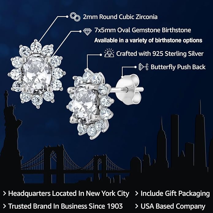Gem Stone King 7X5MM Oval Gemstone Birthstone Stud Earrings For Women | Princess Diana Royal Halo Style | 925 Sterling Silver | Fine Jewelry Gifts for Anniversary Wedding Her Mom Women Wife