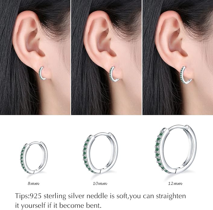 925 Sterling Silver Small Hoop Earrings Cubic Zirconia Huggie Hoop Earrings, 3 Pairs 14K White Gold Plated Cartilage Piercing Earrings Ear Cuff Tiny Hoop Earrings for Women Men