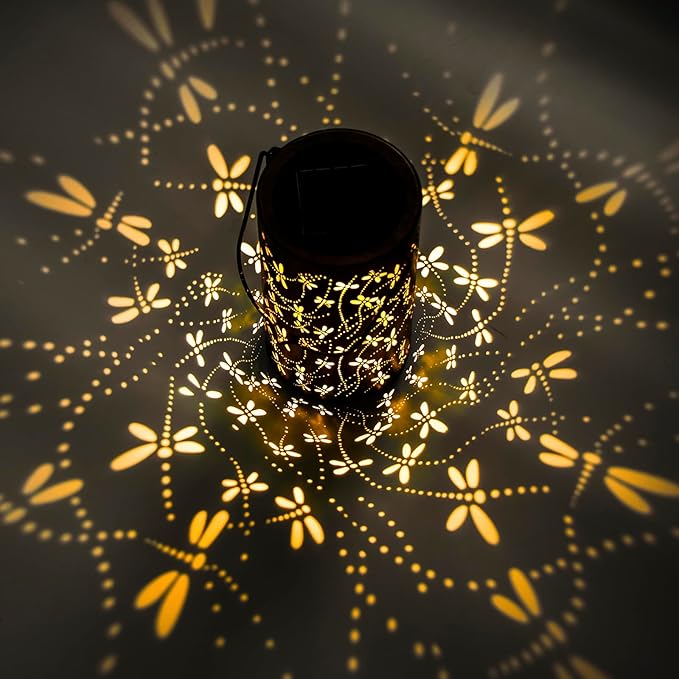 Christmas Gifts,Solar Lanterns Outdoor Hanging Lantern Lights, Dragonfly Hollowed-Out Metal Decor Lantern, Waterproof LED Decorative Garden Light - Delicate Garden Decoration for Patio, Yard