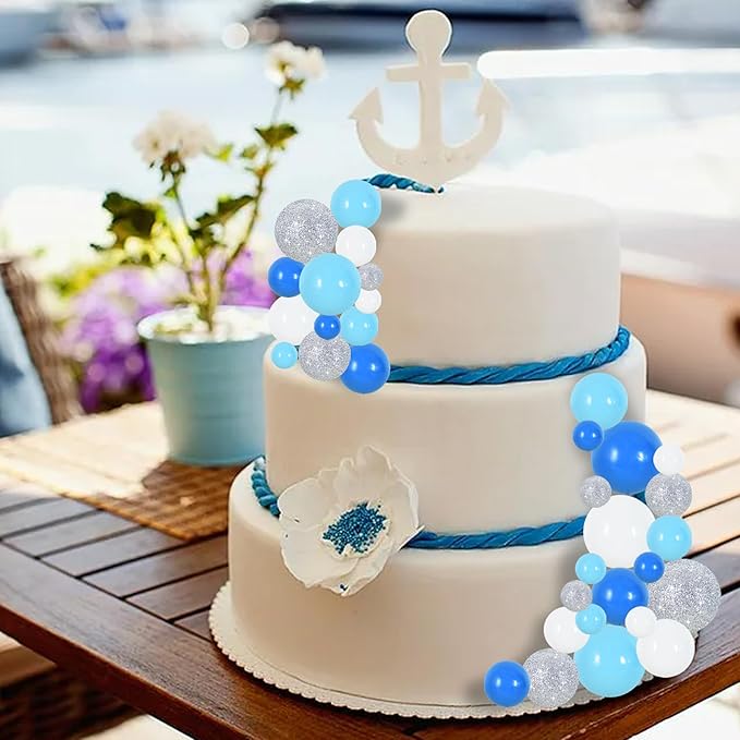 BEISHIDA 40 Pcs Foam Ball Cake Toppers with Sticks Mini Cake Decorations for Birthdays, Boys Party, Baby Showers, DIY Baking Supplies, Winter Party (Blue，White，Silver)