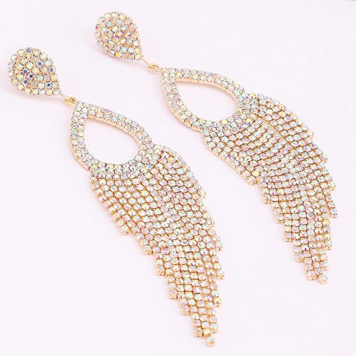 Rhinestone Teardrop with Long Tassel Earrings Sparkly Dangle Earrings for Women
