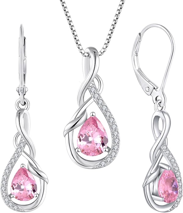 STARCHENIE 925 Sterling Silver Necklace Dangle Earrings for Women Infinity Twisted Teardrop Pendant October Birthstone Created Pink Tourmaline Jewelry Set