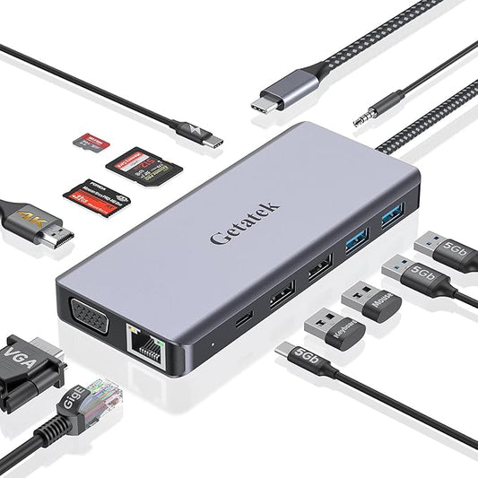Getatek12-in-1 Docking Station with 4K HDMI,VGA,Ethernet,USB A 3.0 Data Port and USB C 5Gbps Port,100W PD Charging,SD/TF/MS Card Reader and 3.5MM Audior for MacBook, Acer, Laptops, Surface and More