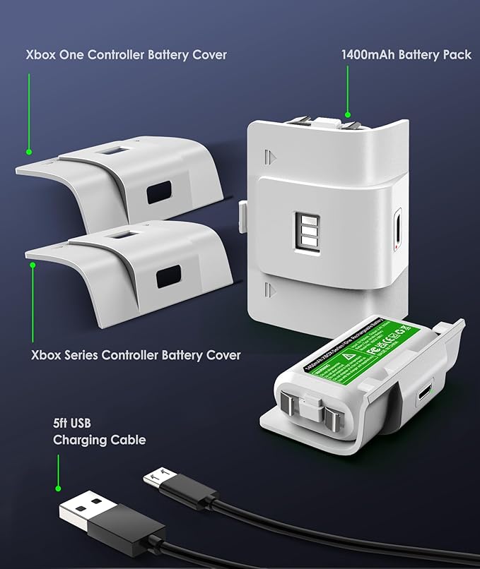 Rechargeable Controller Battery Pack with 4 Cover Play and Charge Kit with Micro USB Charging Cable for Xbox 1, S/X/Elite Wireless Remote (2 Pack-White)
