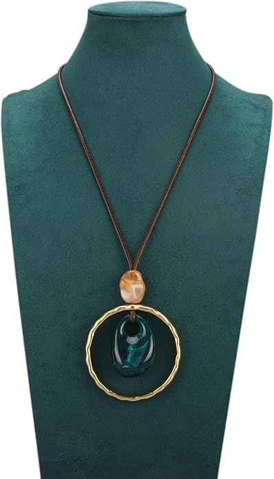 Boho Leather Necklace Women Bohemian Brown Circle Pendant Necklace Choker Long Necklaces for Women Boho Ring Large Pendant