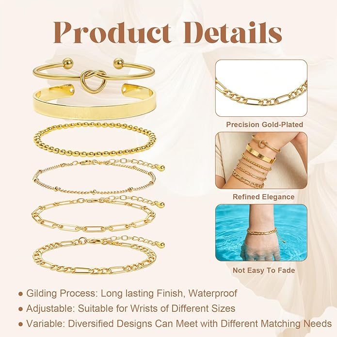 6 Pcs Chic Gold Bracelets for Women 14K Gold Plated Stack Bracelets for Women Stackable Bracelets for Women Fashion Jewelry