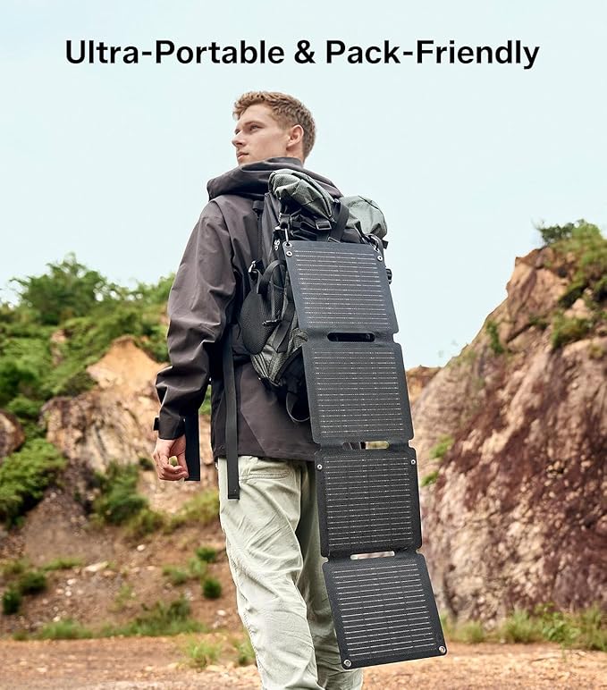 PEAKFLOW 65W Solar Panel,Foldable Portable Solar Panel,25.4% High-Efficiency, 45W PD USB-C Port,QC3.0 USB-A Port,DC5521 Output, Folding IP 68 Waterproof Solar Panels with Carabiners for Camping