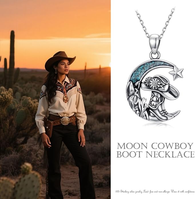 Western Cowboy Necklace 925 Sterling Silver Horseshoe Pendant Western Jewelry Cowgirl Gifts for Women Girlfriend Cowboy Cowgirl