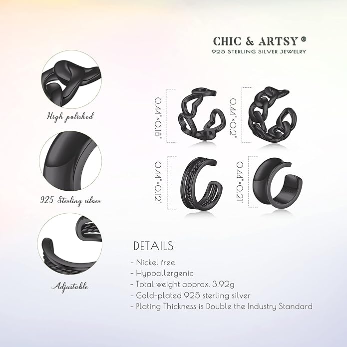 CHIC & ARTSY 925 Sterling Silver Ear Cuffs for Women, Non Piercing Clip On Cartilage Cuffs, Adjustable Fake Conch & Helix Earrings, Gold Plated & Oxidized Various Styles