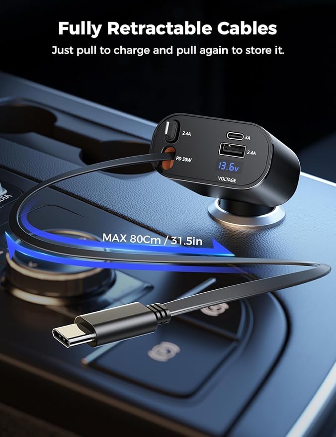 Retractable Car Charger 4 in 1 Fast Car Phone Charger Adapter with Type C & Apple Cords Compatible with iPhone 16/15/14/13/12/11, Galaxy, Pixel