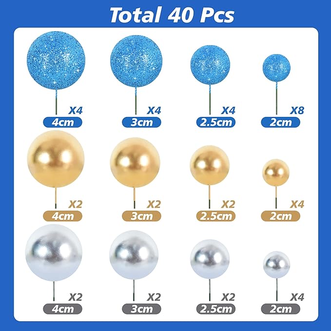 BEISHIDA 40 Pcs Foam Ball Shaped Cake Toppers with Sticks Mini Cake Decorations for Birthdays, Weddings, Baby Showers, DIY Baking Supplies, Anniversary Party (Blue, Gold, Silver)