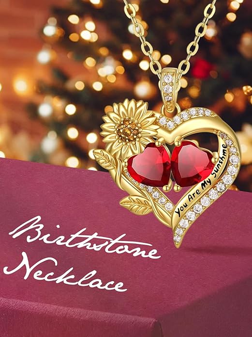 Sunflower Heart Necklace for Women 14K Gold Exquisite Valentines Day Anniversary Birthday Gifts for Wife Mother Her Double Birthstone Pendant Jewelry‘You Are My Sunshine’