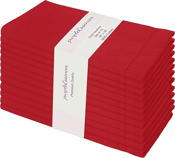PurpleEssences Set of 12 Hemstitch Cloth Dinner Napkins 100% Cotton - Soft Durable Washable - Ideal for Wedding Fall Thanksgiving - Perfect Everyday Use Table Linen 18x18 - Red