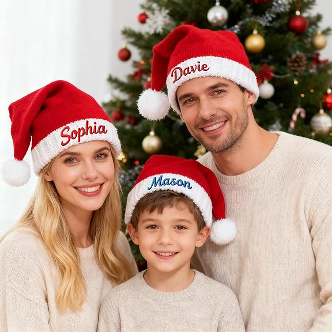 Custom Santa Hat for Adult Kids Personalized Gift Christmas Hats Monogram Red Santa Beanie Boy Girl Winter Knit Hat