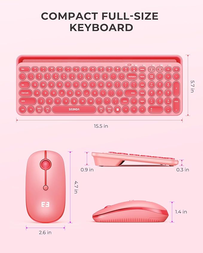seenda Bluetooth Keyboard and Mouse for iPad, CTU-301 Multi-Device Bluetooth + 2.4G Wireless Keyboard Mouse with Tablet Holder for MacBook/Windows Computer, iOS/Andriod Tablet Phone, Coral Pink