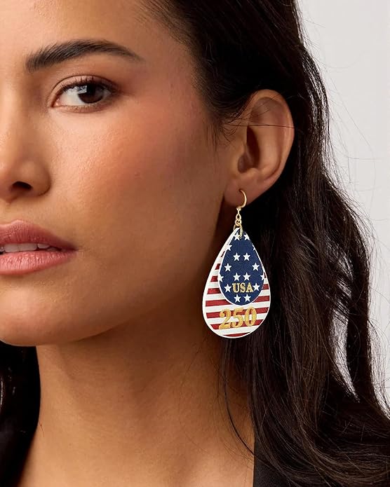 Gold Dangle Earrings for Women - American Flag Teardrop Earrings for 4th of July, Patriotic Independence Memorial Veterans Day Leather Cute Lightweight Fashion Jewelry USA 250th Celebration Gifts