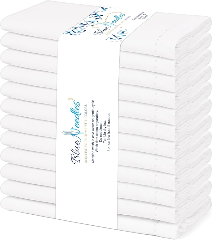 Blue Needles Set of 12 Hemstitch Linen Napkins 100% Cotton White Cloth Dinner Napkins 18x18 inches, Soft, Reusable, Absorbent, Washable, Ideal for Fall Thanksgiving Events, Parties & Everyday Use