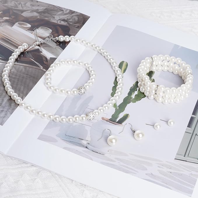 SUMERSHA 5pcs Faux Pearl Jewelry Set for Women Simulated Pearls Rhinestone Necklace Earrings Bracelet for Party Wedding Accessories