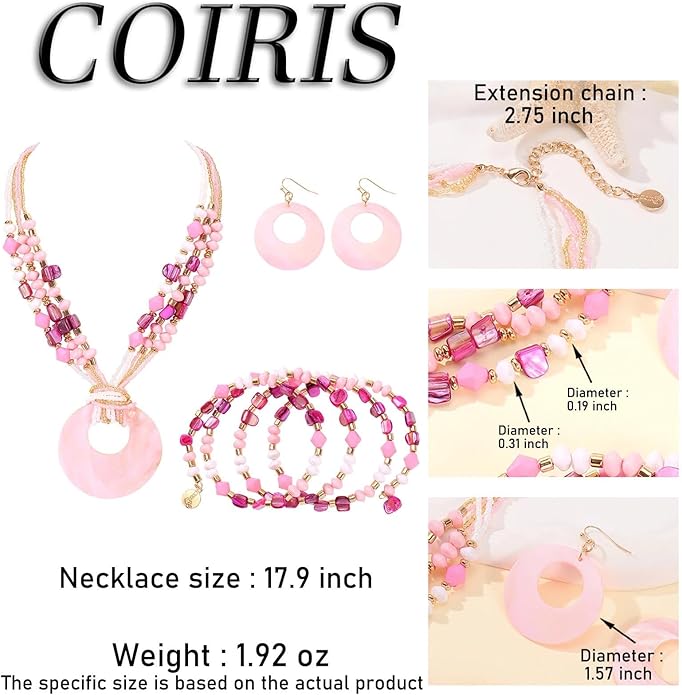 Jewelry Sets for Women 4 Pcs Chunky Beaded Mrs Roper Costume Jewelry for Women Boho Multi Strand Colorful Shell Necklace for Women