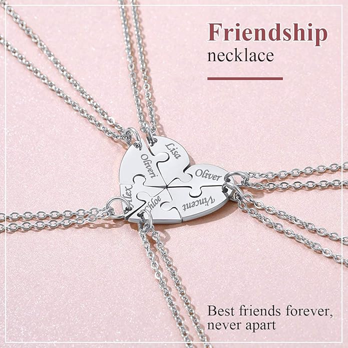 FindChic Personalized Matching BFF Necklace for 2/3/4/5/6 Puzzle Name Heart Pendant Stainless Steel Couple Necklace Set Customized Necklaces for Teen Girls
