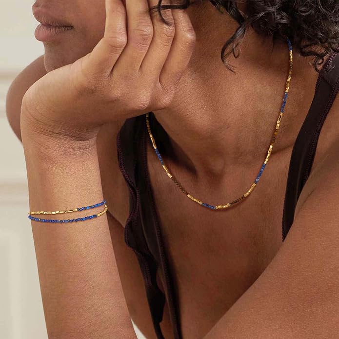 MTMY Beaded Gemstone Choker Necklace for Women, 14K Gold Plated Boho Colorful Natural Stone Bead Chain Necklace Summer Beach Handmade Jewelry