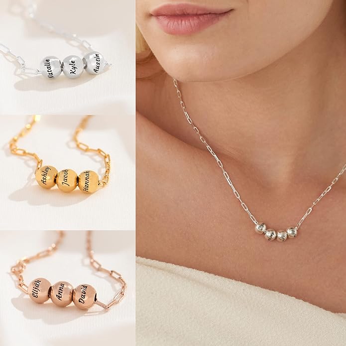 MyNameNecklace Personalized The Balance Charm Necklace with Custom Engraved Beads - Cable/Link Chain - Dainty Gift for Mom, Her - Jewelry for Christmas