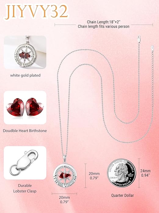 Compass Necklace for Women, Exquisite S925 Valentines Day Anniversary Birthday Gifts for Wife Her Double Birthstone Pendant Jewelry ‘I'd be Lost Without You’