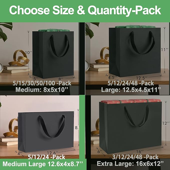 MOXARYSU Medium Large Black Gift Bags: 12.6x4x8.7 Inch 24pcs Black Paper Bags Bulk For Party Shopping Birthday Wedding (ML,24)
