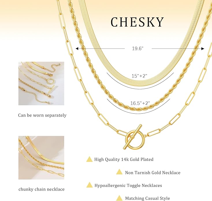 CHESKY Layered Necklaces for Women, 14K Gold Plated Chain Necklace Women Trendy Cuban Link Paperclip Chain Toggle Clasp Necklace Fashion Chunky Jewelry for Women