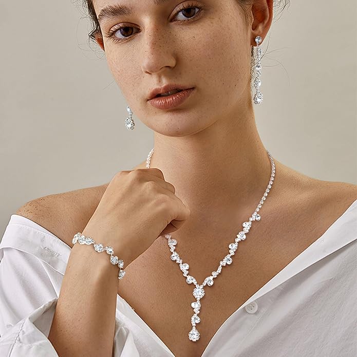 FUNRUN JEWELRY Silver Jewelry Set for Women Rhinestone Necklace and Earrings Bridal Wedding Jewelry Sets for Brides Bridesmaid Crystal Wedding Prom Jewelry