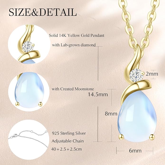 FANCIME 14K Solid Yellow Gold Birthstone Pendant Necklace for Women with Diamond Pear Shaped Teardrop Necklace Birthday Gifts for Mom Women Sterling Silver Chain 16" + 2" Extender