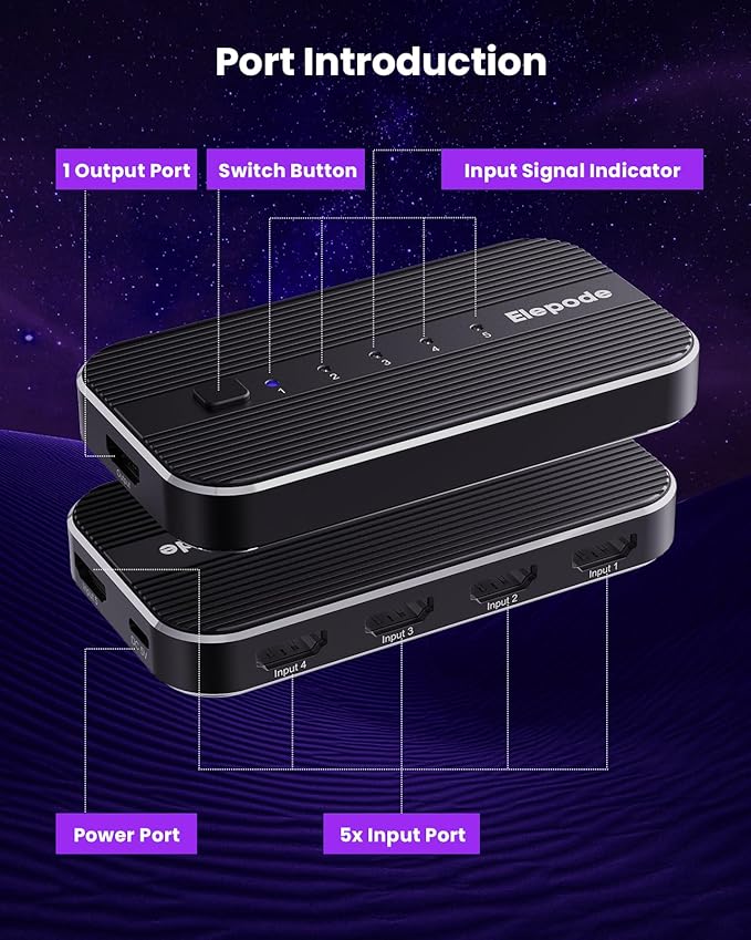 HDMI Splitter with Remote, 5 in 1 Out 4K@60Hz Elepode HDMI Switch, HDMI 2.0 Switch Box Hub for 3D, HDCP2.2, HDR, Compatible with Xbox, PS5/4/3, Fire Stick Roku Blu-Ray Player