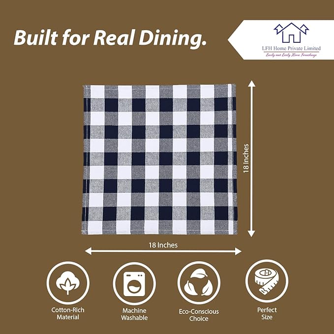 LFH Home 100% Cotton Cloth Reusable Dinner Napkins Set of 12 Washable Soft Decorative Buffalo Plaid Gingham and Checkered Table Napkins for Holidays Wedding Farmhouse Decor 18x18 Inch-Navy Blue&White
