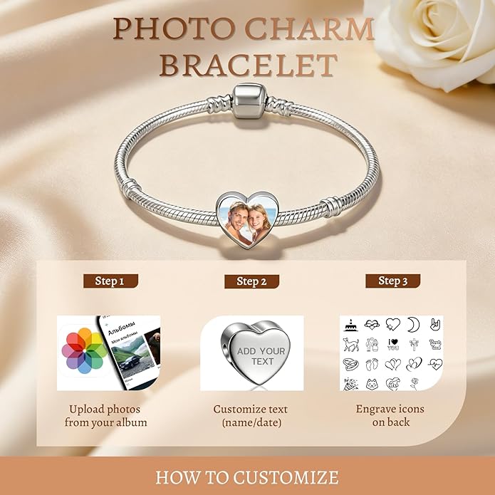 WBW Custom Photo Charm Bracelet for Women Personalized Picture Bracelet with Cute Heart Pendant Customizable Jewelry Chain Name Date Text Valentine‘s Day Gift for Her Girlfriend Wife