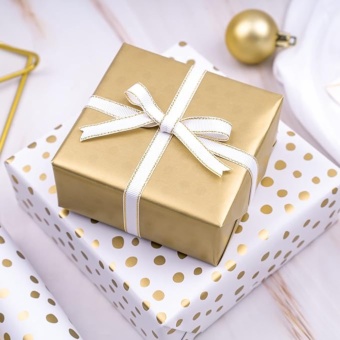 WRAPAHOLIC Reversible Wrapping Paper - Mini Roll - 30 Inch x 33 Feet - Gold Print and Delicate Polka Dot Wrapping Paper for Birthday, Holiday, Wedding, Baby Shower