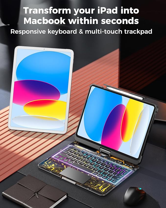 TSQQST Clear Wireless Keyboard Case for iPad (A16) 11th Generation 11-inch 2025/ iPad 10th Generation 10.9-inch 2022 with Pencil Holder & Multi-Touch Trackpad, 7-Color Backlight, 360 Rotatable, Black