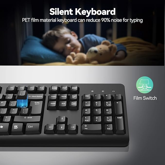 TECKNET Wireless Keyboard, 2.4G Silent Full-Size USB Keyboard with Number Pad, Ergonomic Keys & Foldable Feet, Compatible with Laptop, PC, Desktop, Surface, Windows 11/10/8/7 – QWERTY US Layout, Black