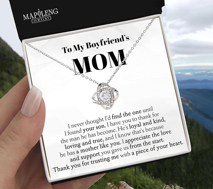 To My Boyfriend's Mom Love Knot Necklace, Elegant Jewelry Gift From Girlfriend, Meaningful Mothers Day Surprise, Birthday Christmas Keepsake With Heartfelt Message