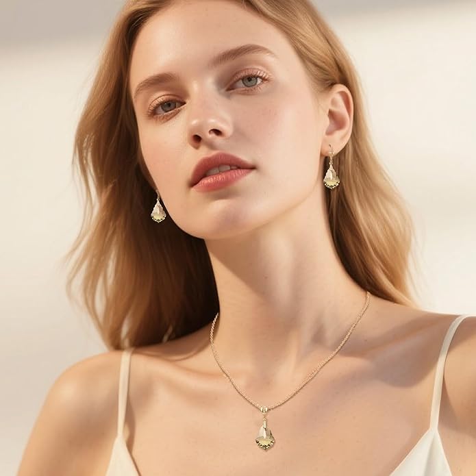 EVEVIC Austrian Crystals Baroque Pendant Necklace Earrings for Women 14K Gold Plated Hypoallergenic Leverback Drop Dangle Earrings Jewelry Set
