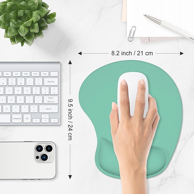 ITNRSIIET Ergonomic Mouse Pad, Cushioned Gel Wrist Rest, Non-Slip Base, Smooth Surface, Compatible with All Mice for Office & Gaming, Desk Accessory, 9.5 x 8.2 inch, Mint Green
